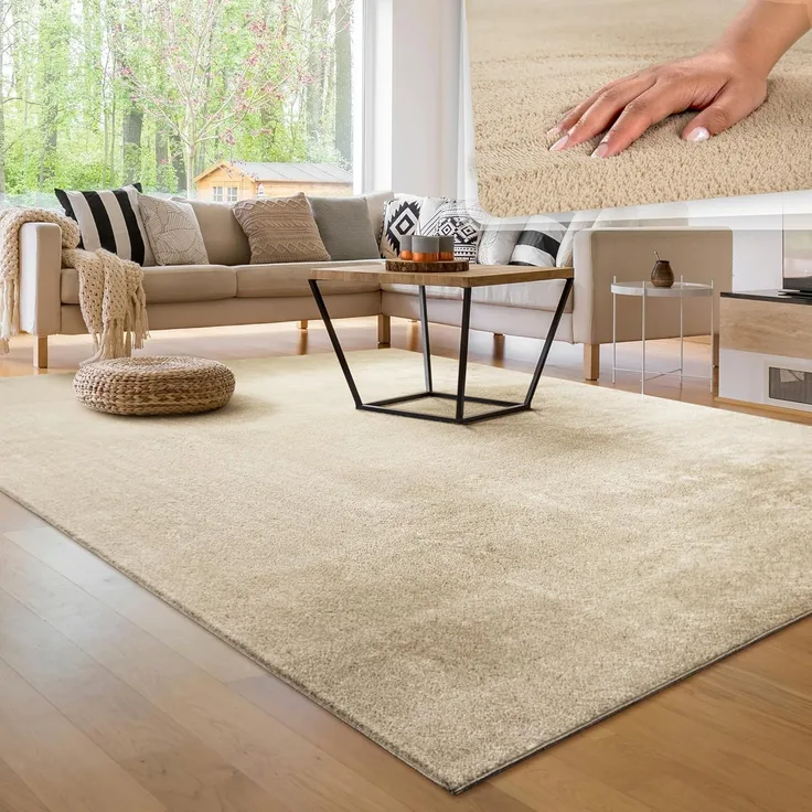 Paco Home Waschbarer Teppich Wohnzimmer Schlafzimmer Kurzflor rutschfest Flauschig Weich Moderne Einfarbige Muster, Grösse:120x170 cm, Farbe:Beige 2