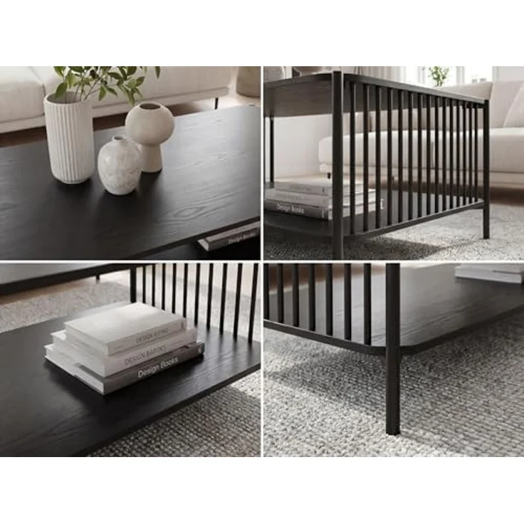 FINEBUY Couchtisch FB117145 Sofatisch 110cm Schwarz Eiche Optik Wohnzimmertisch Ablage (Moderner Wohnzimmertisch im coolen Loft-Design), Großzügige Ablagefläche für Zeitschriften & mehr – Bild 5