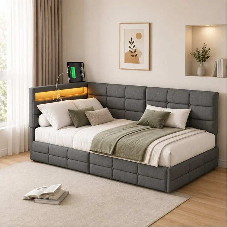 Simurq Polsterbett Polsterbett 90x200 mit L-Kopfteil, Jugendbett, Gästebett (LED-System, USB-Anschluss und Schublade), Modernes Einzelbett aus Leinenoptik-Stoff mit Stauraum – Bild 2