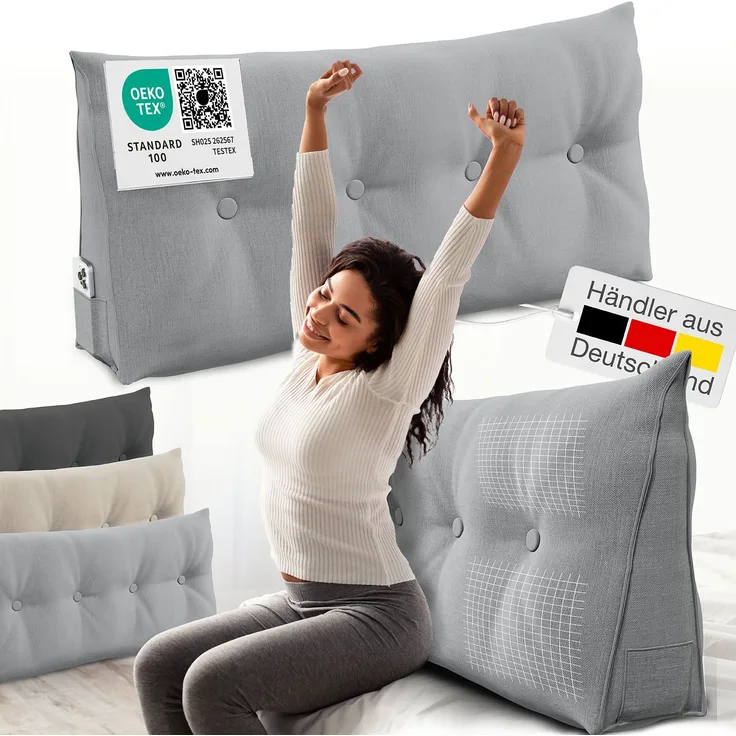 ELONEO Rückenkissen Bett- und Rückenstützkissen >Grau< 120cm
