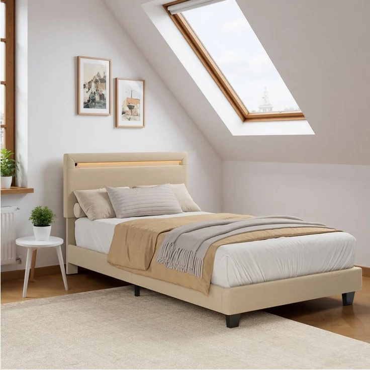Bealife Polsterbett lsterbett Einzelbett,Bettgestell mit Kopfteil, Lichtleiste (2 Modelle (90x200, 120x200) – Bild 2
