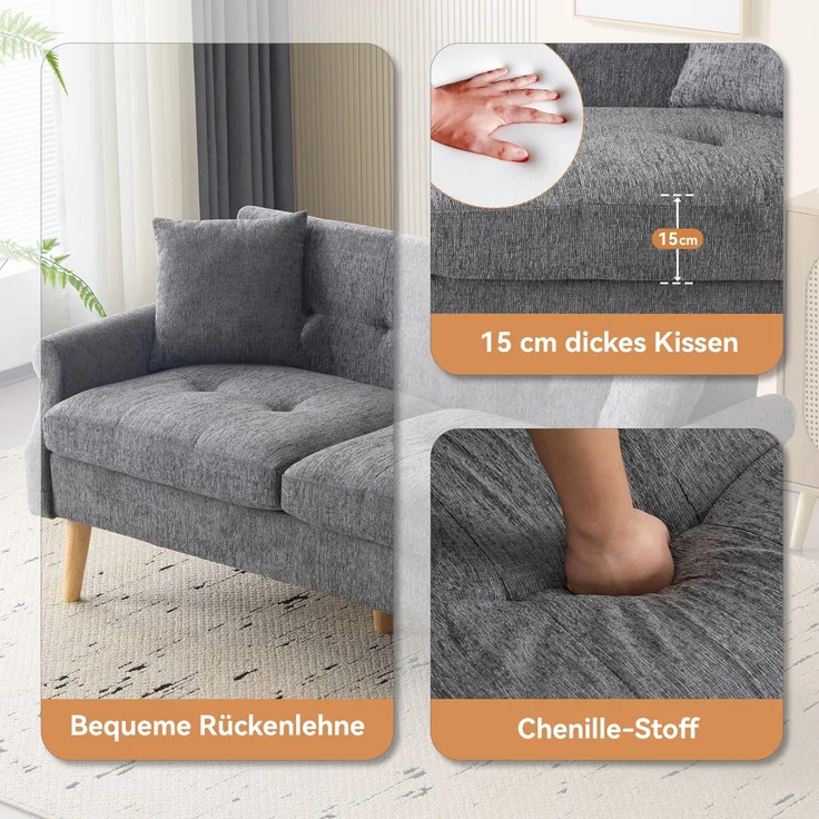 Sofa aus Chenille 2-Sitzer mit Massivholzfüßen, ergonomischem Design & 15 cm dickem Sitzkissen,Grau – Bild 5