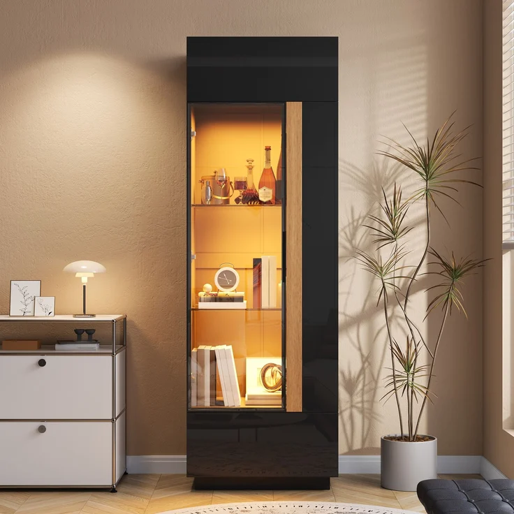 ZUBALIYA Vitrine (60 x 40 x 180 cm), LED - Beleuchtung, Glastüren, Aufbewahrung für Sammlerstücke, Geschirr und Dekoration, Schwarz – Bild 1