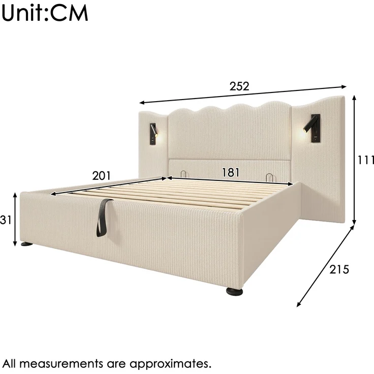Holzbett 180x200 cm, mit hydraulischem Bettkasten, mit Lattenrost und ohne Matratze, mit Cordbezug, Beige – Bild 2
