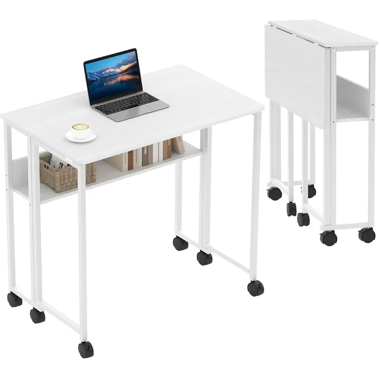 GarveeLife Schreibtisch Klappbar mit Ablagefach, Platzsparender Computertisch mit Rollen für Kleine Räume, Faltbarer Homeoffice Schreibtisch für Arbeitszimmer, Wohnzimmer,Weiß