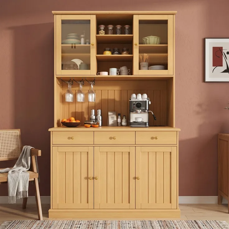 Buffetschrank 120 x 40 x 191 cm aus Spanplatte mit Glastüren, Schublade, Gläserhalter und Steckdosen