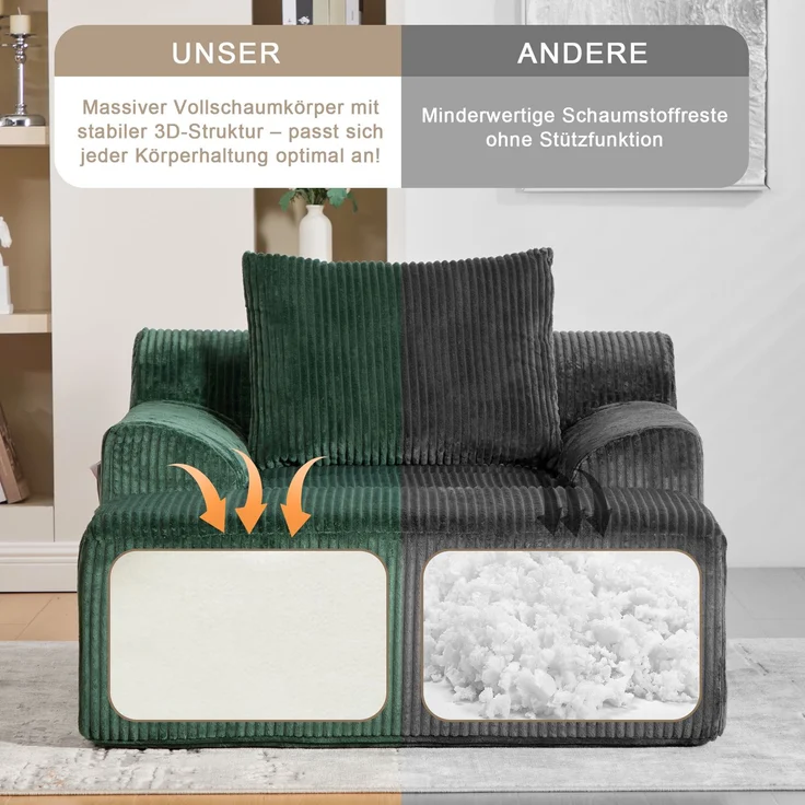 Sessel Cord mit Fußhocker, 147 x 110 x 67 cm,Relaxsessel mit Stauraumtaschen & Federkern, kein Aufbau,Smaragd – Bild 6