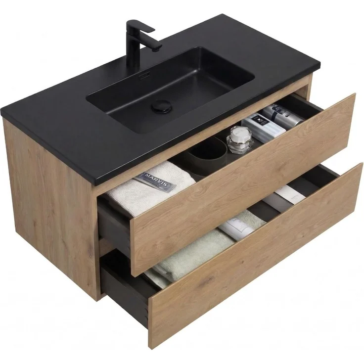 Badplaats Badezimmermöbel-Set Angela 100 cm – Kastanien Eiche – Badezimmermöbel mit Schwarzem Waschbecken – Bild 2