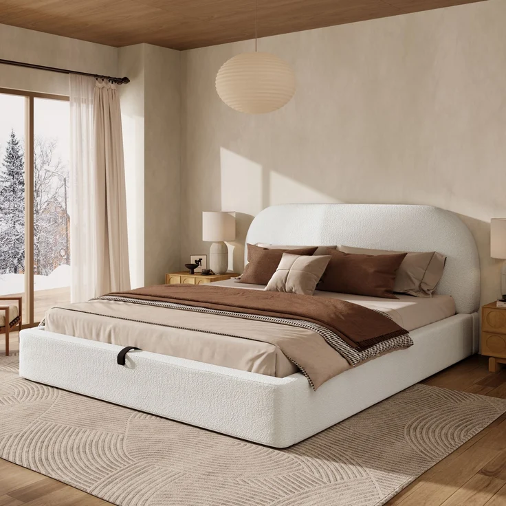Polsterbett,Doppelbett,180 x 200cm, hydraulisches Funktionsbett,Bett mit Lattenrost, Kopfteil und großem Stauraum, gepolstertes Kopfteil, Beige Bouclé – Bild 1