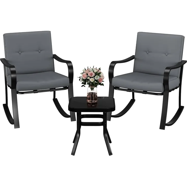 GarveeHome 3-teiliges Bistro-Set für den Außenbereich – 2 Schaukelstühle mit warmgrauen Kissen & Glastisch, Gartenmöbel-Set für Garten, Terrasse, Pool und Balkon (Grau)