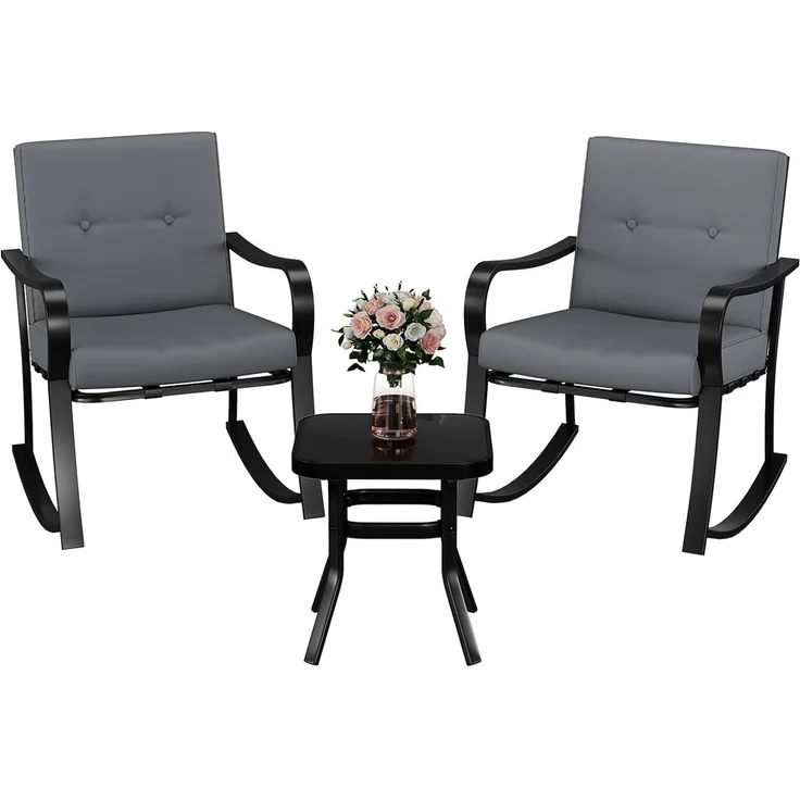 GarveeHome 3-teiliges Bistro-Set für den Außenbereich – 2 Schaukelstühle mit warmgrauen Kissen & Glastisch, Gartenmöbel-Set für Garten, Terrasse, Pool und Balkon (Grau) – Bild 1