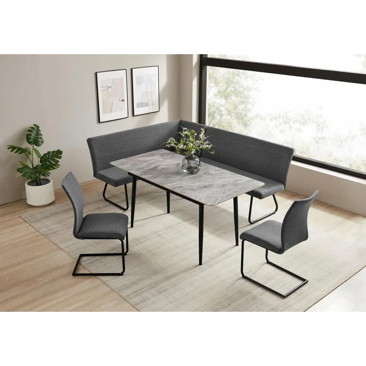 OTTO home Eckbankgruppe Stevian, (Set, 4-tlg, 1 ausziehbarer Esstisch + 1 Eckbank Recamiere links + 2 Stühle), Holz, Strukturstoffbezug, Freischwingerstühle, gesteppten Bänken