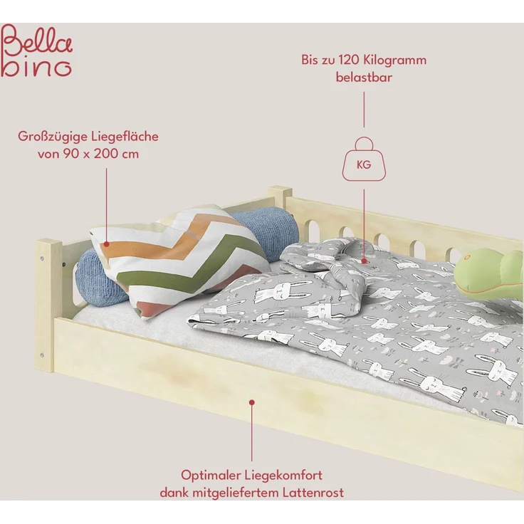 Bellabino 'Miera' Bodenbett 90 x 200 cm, Sperrholz, mit offener Seite, inkl. Rolllattenrost und Matratze – Bild 5