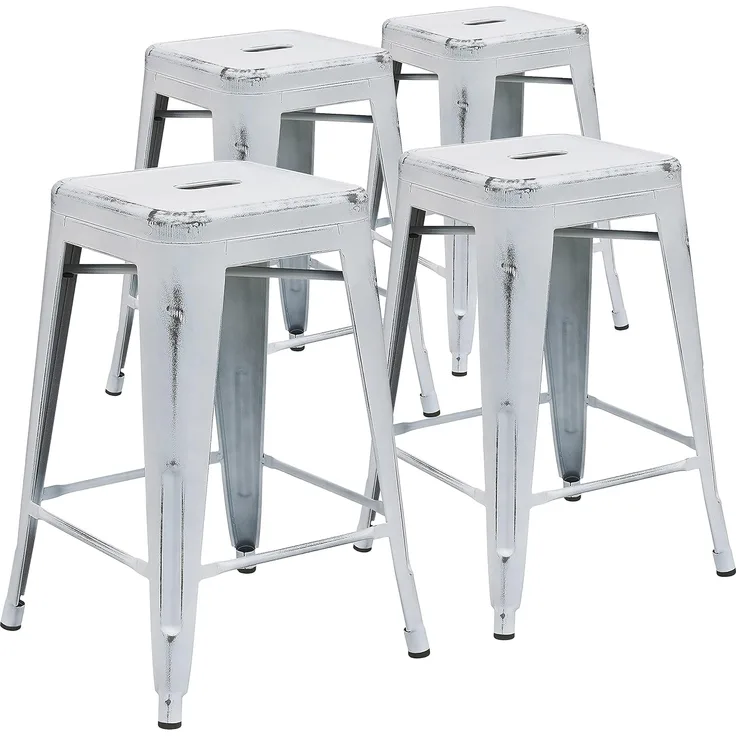 Flash Furniture Commercial Grade 4 Pack 61 cm hoch rückenfrei Metall Innen- und Außenbereich Thekenhöhe Hocker, Kunststoff, Eisen, Weiß, 4 Stück