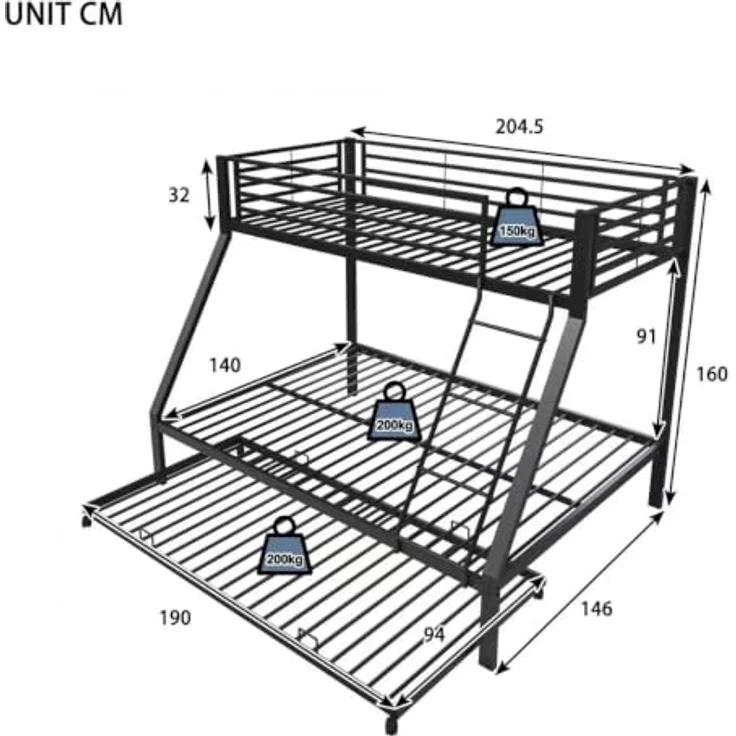 FAVSH Etagenbett 140x200 cm mit Ausziehbett 90x190cm aus Metall, Hochbett mit Rausfallschutz und Leiter, Geräuscharmes Doppelbett, rutschfest, für Jugendliche und Erwachsene, Schwarz E – Bild 2