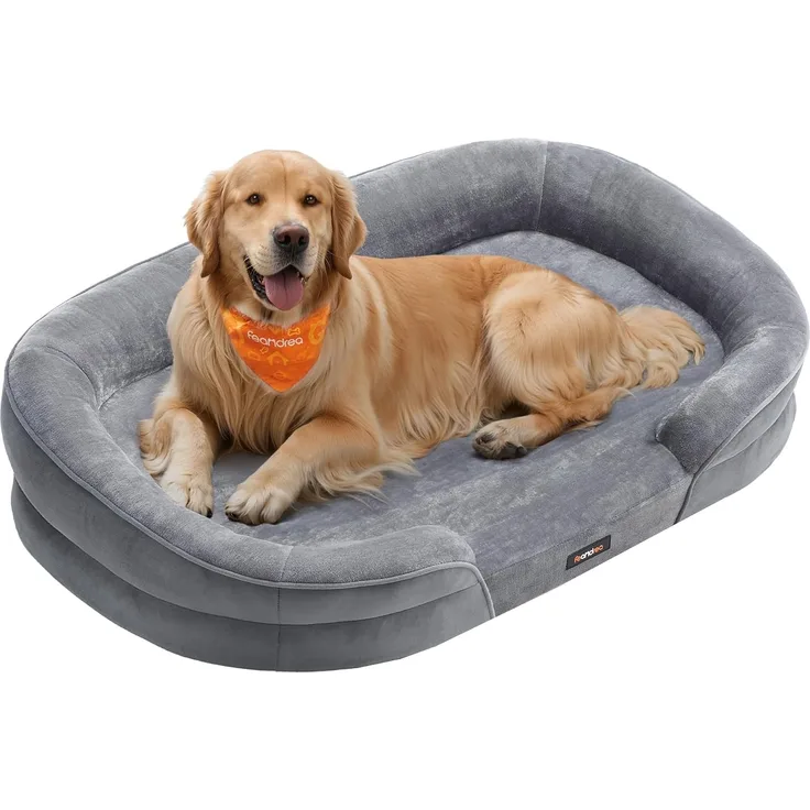 Feandrea Hundebett, Hundekissen, für große Hunde, 106 x 76 x 18 cm, orthopädisch, wasserdichte Innenschicht, erhöhte Ränder, Abnehmbarer, waschbarer Bezug, rutschfest, hellgrau PGW283G01