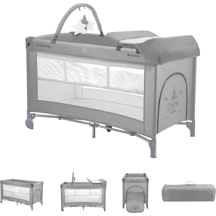Kikkaboo Reisebett So Gifted Plus zwei Ebenen, Spielbogen, Wickelauflage, Räder grau – Bild 2