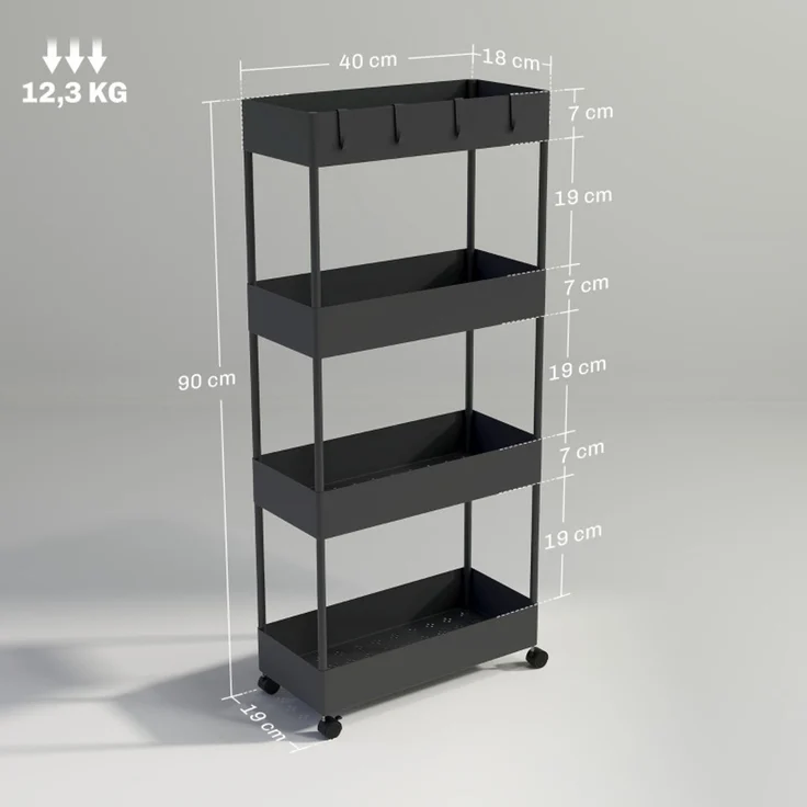 Küchenwagen mit 4 Ebenen, Rollen und Haken, 40x19x90 cm, Schwarz – Bild 4