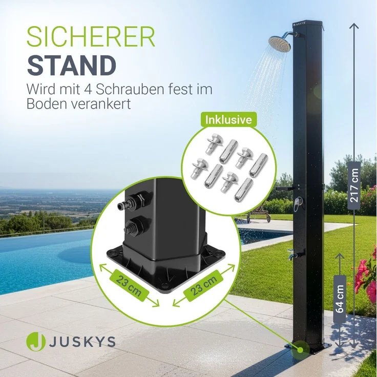 Juskys Solardusche Victoria 60 Liter - 217 cm - bis 60°C – mit schwenkbarem Duschkopf, Fußdusche & Gartenschlauch Anschluss Gartendusche Außendusche – Bild 5