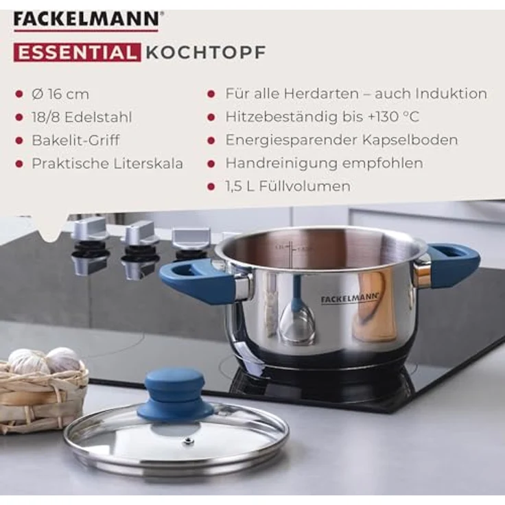 Fackelmann Kochtopf Essential Ø 16 cm, Edelstahl, mit ergonomischen Bakelit-Griffen, für alle Herdarten geeignet, mit Literskala, Blau – Bild 4