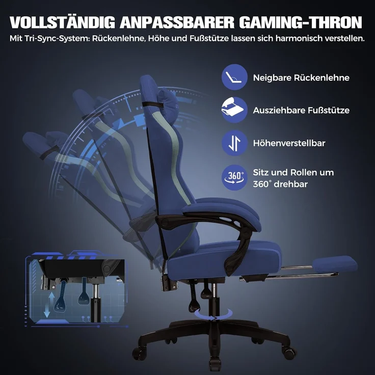 GTPLAYER Gaming Stuhl Ergonomischer, PC Stuhl Atmungsaktiver Stoff, Groß und Hoch Drehbarer Schreibtischstuhl mit Fußstütze,Verstellbare Lendenwirbelstütze und Kopfstütze,Blau – Bild 4