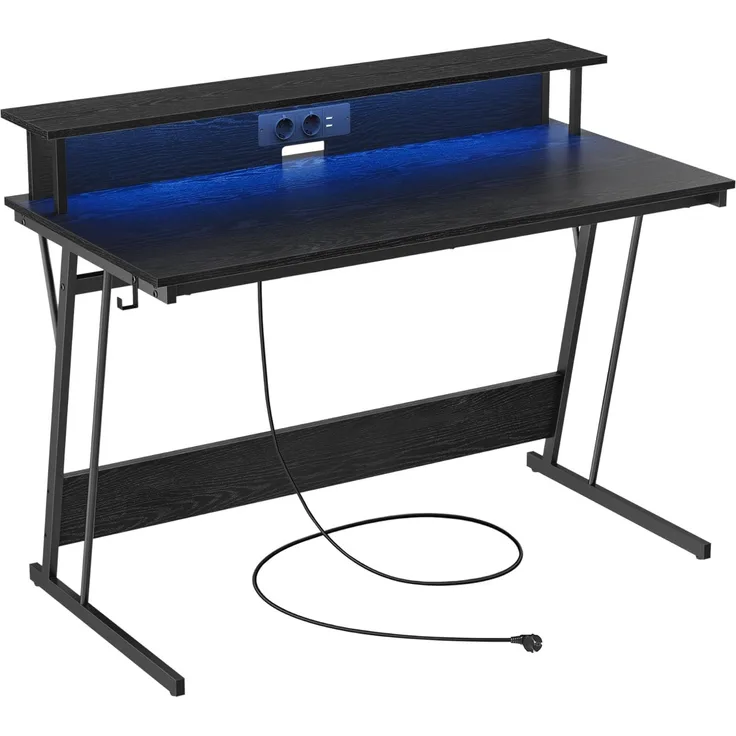Vasagle Gaming Tisch mit eingebauter Steckdosenleiste und Monitorständer für 2 Monitore, Holz / Stahl klassikschwarz, 60 x 120 x 76 cm