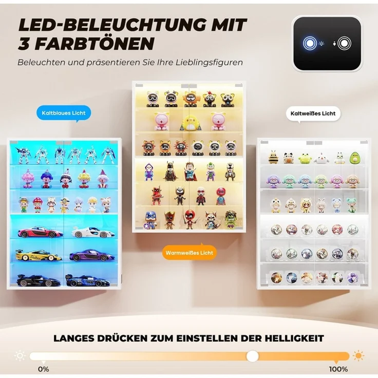 Hängevitrine 60x12x80 cm, Wandvitrine mit 6 verstellbaren Glasböden, LED-Beleuchtung und Sensor, Weiß – Bild 5