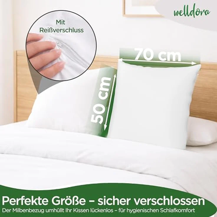 Welldora ǀ 2er-Set Milbenbezug Kissen 50x70 cm ǀ Fachärztlich getesteter Kissenbezug, hypoallergen, atmungsaktiv mit Reißverschluss – Bild 2
