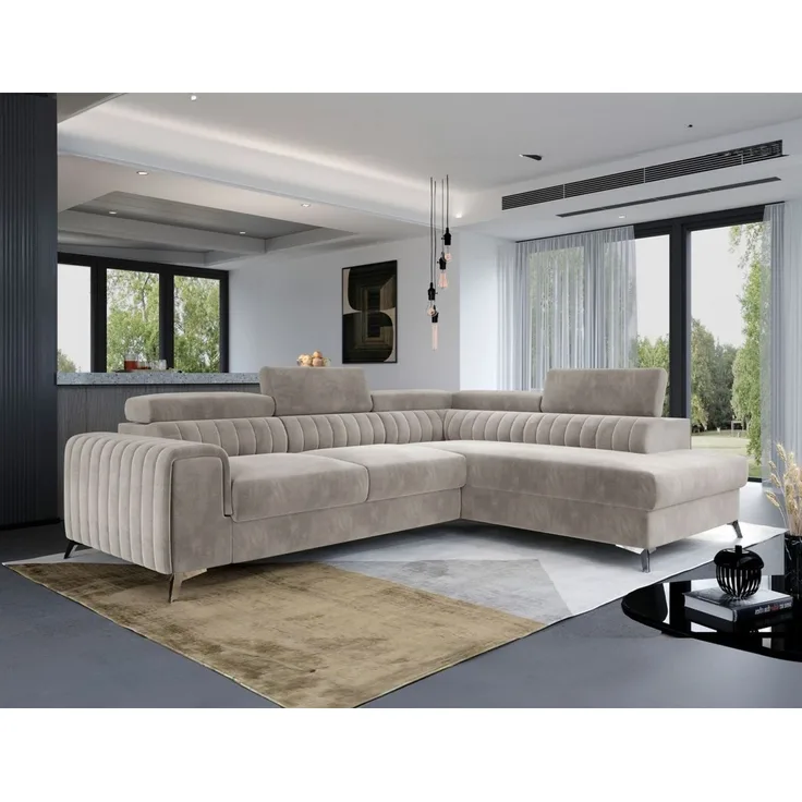 Ecksofa mit Schlaffunktion Sofa ELENI Stoff Paros Beige Ottomane Rechts