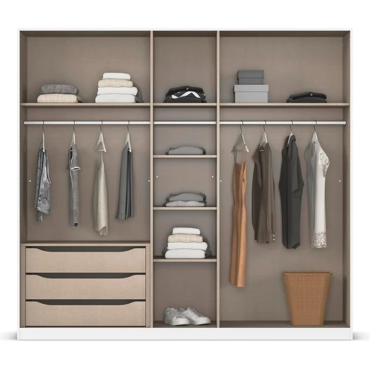 Rauch Möbel Alabama, Kleiderschrank, Garderobe, 5-türig, Zubehör Premium, 3 Kleiderstangen, 6 Einlegeböden, Schubladeneinsatz, Farbe Grau metallic, Schwarz, Griff Grau metallic, 226 x 210 x 54 cm – Bild 7