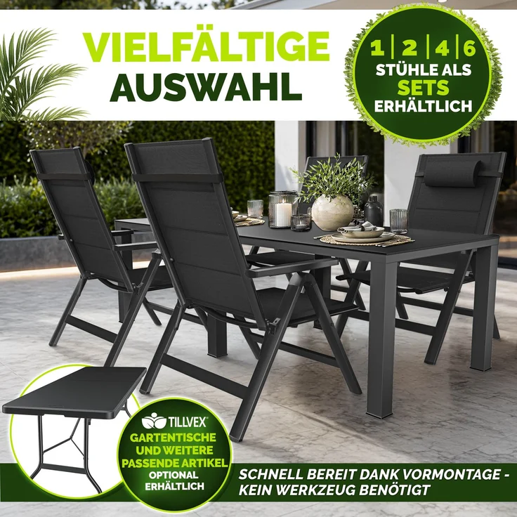 tillvex Gartenstuhl mit Polster Premium 1 Stück Anthrazit klappbar aus Aluminium | Hochlehner mit Armlehnen | Klappstuhl verstellbar | Klappsessel Balkon Garten Terrasse – Bild 3