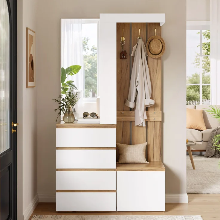 Garderoben-Set 100x35x180 cm mit Spiegel, 4 Schubladen, Tür und Haken – Bild 4