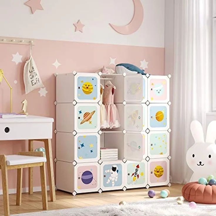 Kleiderschrank, DIY-Aufbewahrungsschrank, für hängende Kleidung, Aufbewahrung, für Kinder, mit 16 Würfeln, 4 Hängestangen, 123 x 41 x 123 cm, weiß LPC905W01 – Bild 2