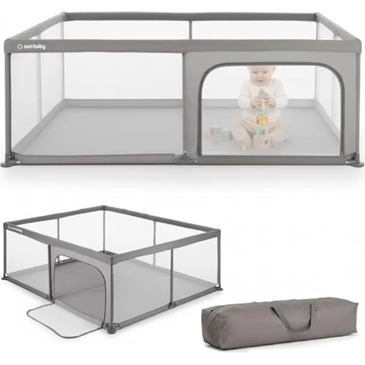 sun baby Laufstall 150x200 cm 0-2 Jahre Grau, Polyester, Netzwände, Eingang mit Reißverschluss, rutschfeste Füße, Tragetasche im Set, Metallrahmen – Bild 9