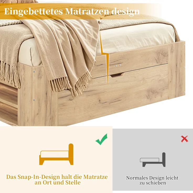 Stauraumbett mit Schubladen, Liegefläche 90×200 cm, Nachtlicht und USB, Natur, ohne Matratze – Bild 6