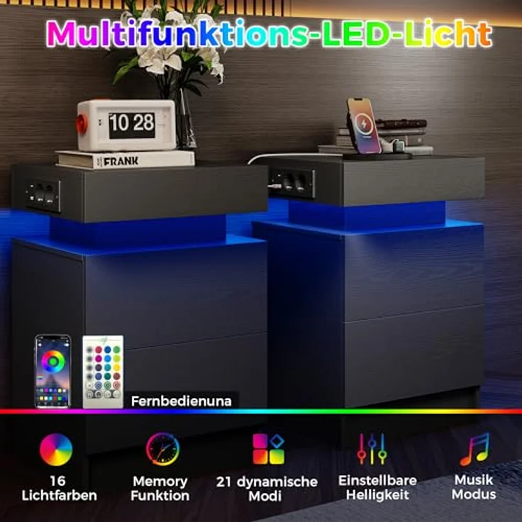 IRONCK Nachttisch 2er Set, Nachtschrank mit Ladefunktion, LED, 40x35x60 cm | Beistelltisch mit 2 Schubladen, schlafzimmer möbel mit Steckdosen, USB & USB-C, für Wohnzimmer, Nachtkommode 2er set Schwarz – Bild 5