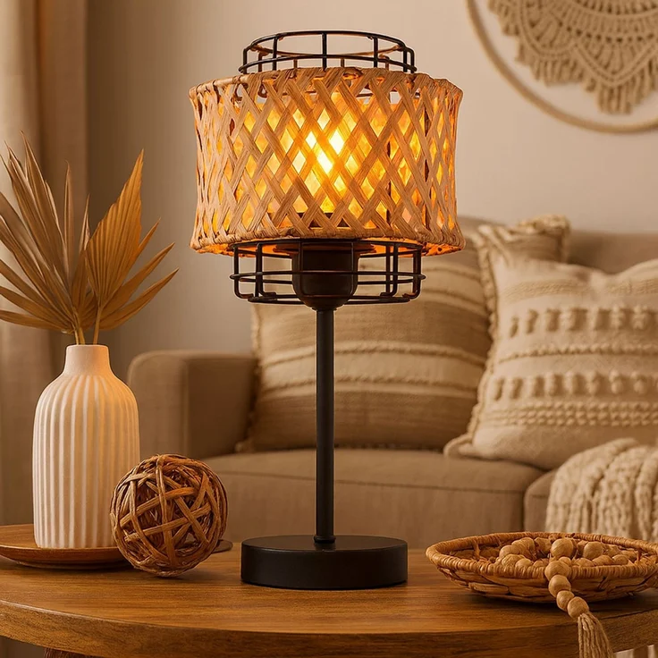 LED Boho Tischleuchte, Käfig, Bambusgeflecht, schwarz, H 32 cm – Bild 2