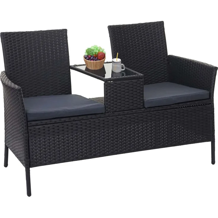 Poly-Rattan Sitzbank mit Tisch HWC-E24, Gartenbank Sitzgruppe Gartensofa, 132cm ~ schwarz, Kissen dunkelgrau