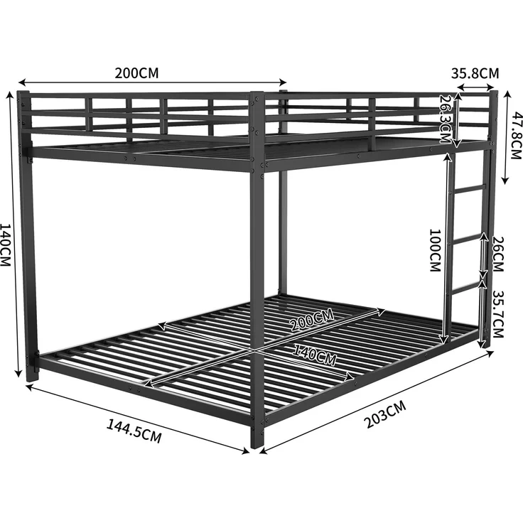 Metall Etagenbett 140x200 cm für Kinder, stabiler Doppelstockbett Rahmen mit Sicherheitsgeländer, platzsparend Schwarz – Bild 5