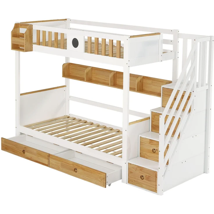 Merax Etagenbett 90x200cm mit Treppe, Reichlich Stauraum, Kinderbett mit 4 Schließfächer in der Treppe, mit Fallschutzgitter und 2 Schubladen, Offenes Regal, Weiß+Natur – Bild 8