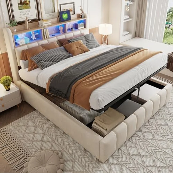 Ball & Cast Polsterbett (180x200 cm) mit USB-Anschluss und Lichtleiste, Hydraulische Lagerfunktion + Weicher Kantenschutz, Einfach & Zeitsparend Montierbar, Leinenstoff Beige – Bild 2