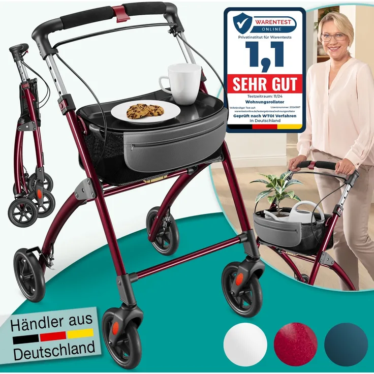 ELONEO Wohnungsrollator 54cm breit, faltbar und leicht, inkl. Tablett & Stoffkorb »Premium«, rot