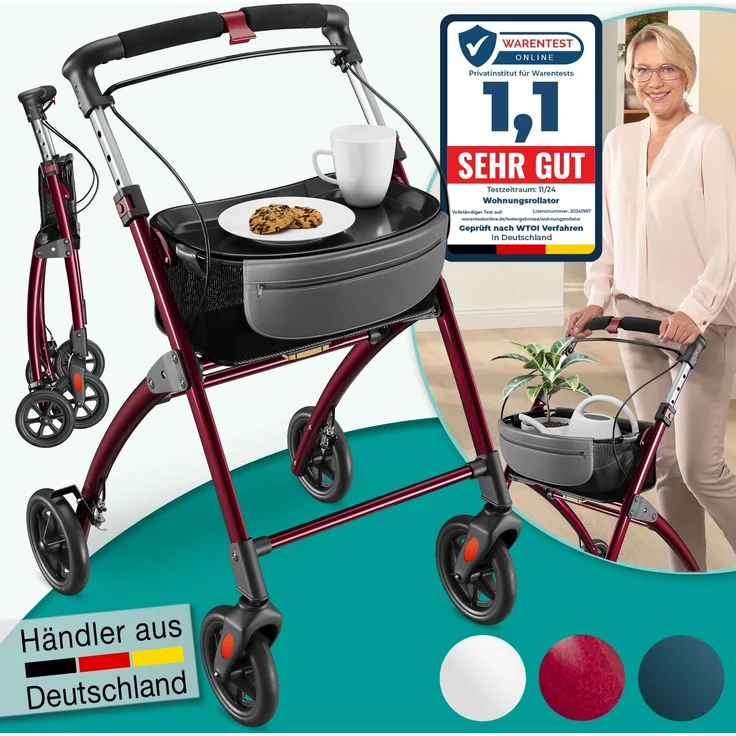 ELONEO Wohnungsrollator 54cm breit, faltbar und leicht, inkl. Tablett & Stoffkorb »Premium«, rot – Bild 1