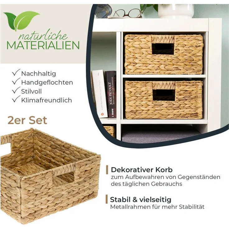 HMF Regalkorb Handgeflochtener Aufbewahrungskorb aus Wasserhyazinthe Seegras (2 St), Aufbewahrungsbox passend für Kallax Regal halbes Fach, 30 x 34 x 15 cm