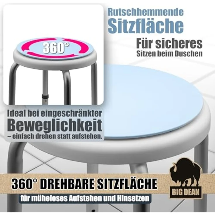 Duschhocker 360° drehbarer belastbarer Duschstuhl bis 136 kg höhenverstellbarer Duschhocker. rutschfest durch Gummifüße – Bild 2