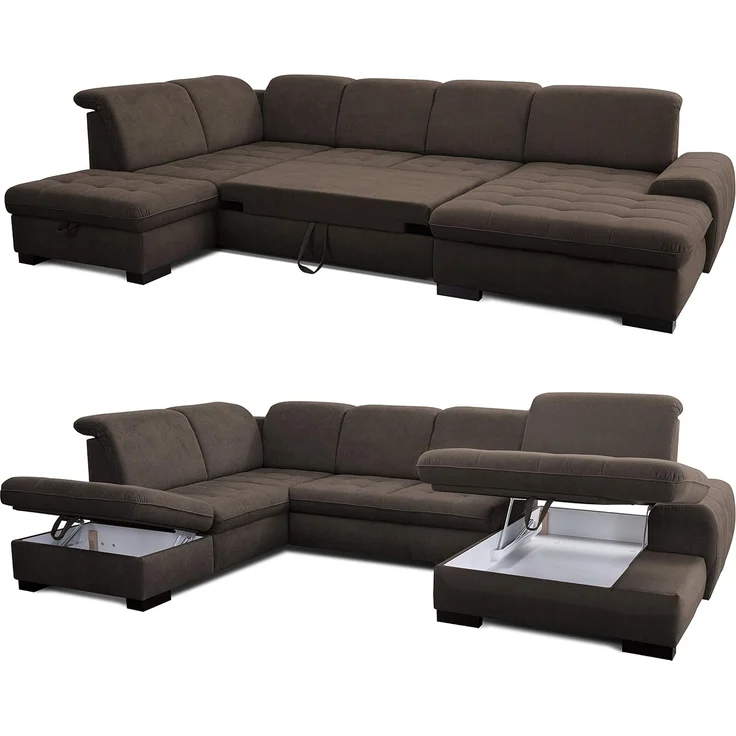 CAVADORE U-Form Lexi mit XXL-Longchair / Inkl. Bett, Bettkasten, Stauraum und Kopfteilfunktion / Leichte Fleckenentfernung dank Soft Clean / 329x82-99x224 / Flachgewebe: Braun – Bild 3