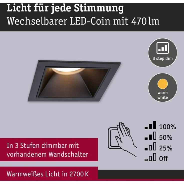 Paulmann 93125 LED Cole Coin Basisset eckig 3er-Set 2700K Schwarz 3-Step-Dim IP44 – Bild 3