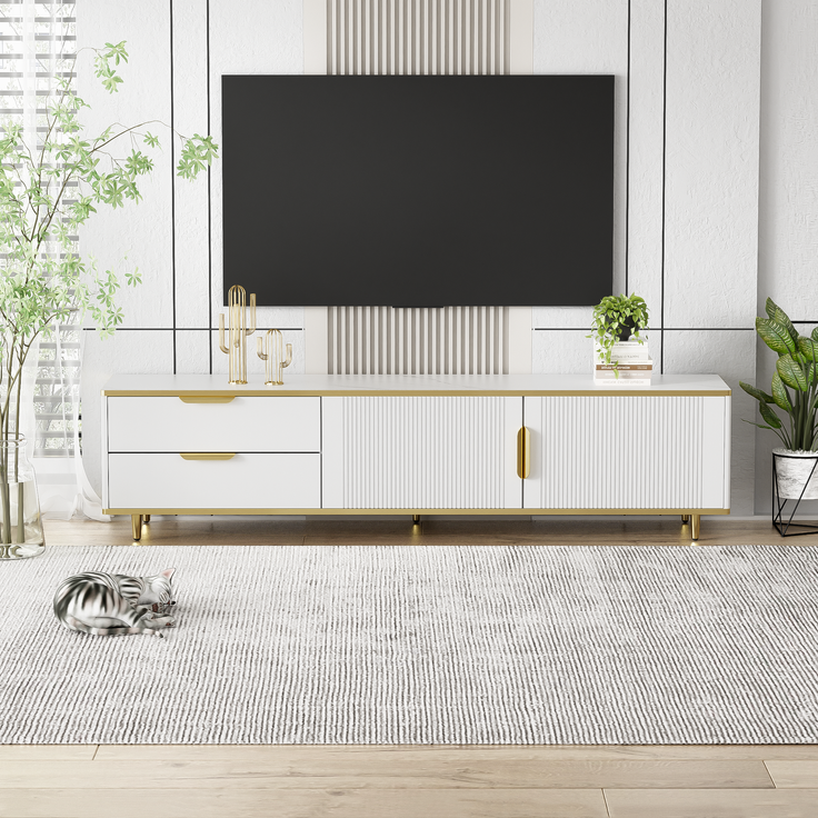 TV-Lowboard, Spanplatte mit Stauraum & goldfarbenen Griffen/Füßen, 175x40x45 cm, Weiß/Gold – Bild 4