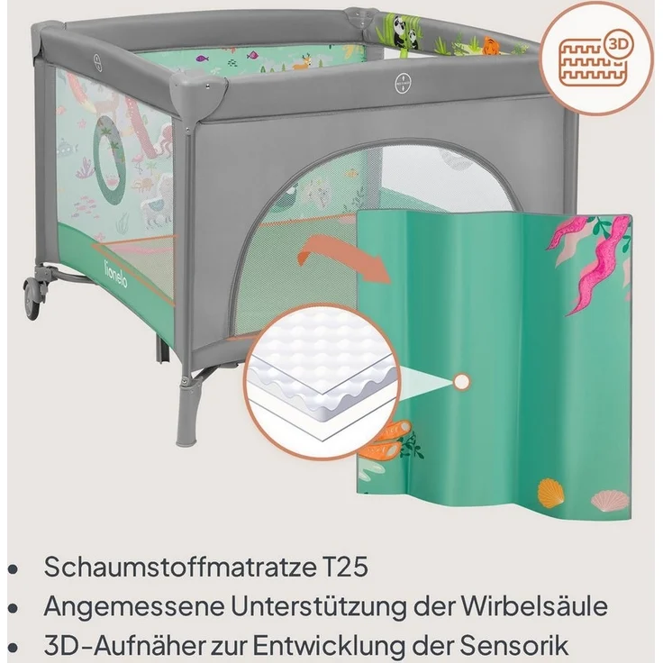 Lionelo 2-in-1 Laufstall und Reisebett mit Matratze für Babys MILLE PLUS bis 15 kg, 0–36 Monate, Seiteneinstieg, 3D-Matratze, 2 Rollen mit Bremse, Faltbar, Tragetasche – Bild 2