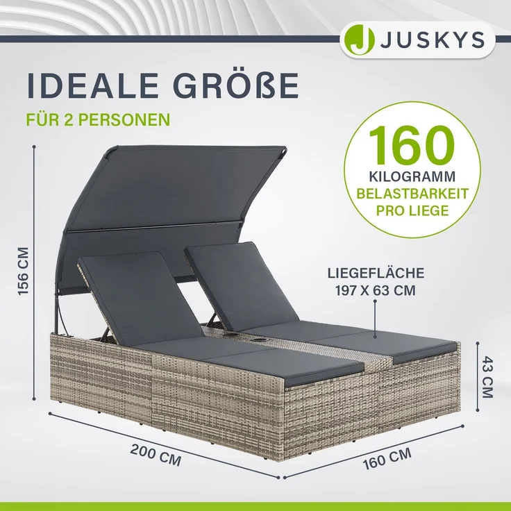 Juskys Polyrattan Doppelliege Syros - Garten Sonnenliege für 2 Personen - Outdoor Liege mit Dach & Auflagen - Kopfteil verstellbar - Grau-meliert – Bild 3
